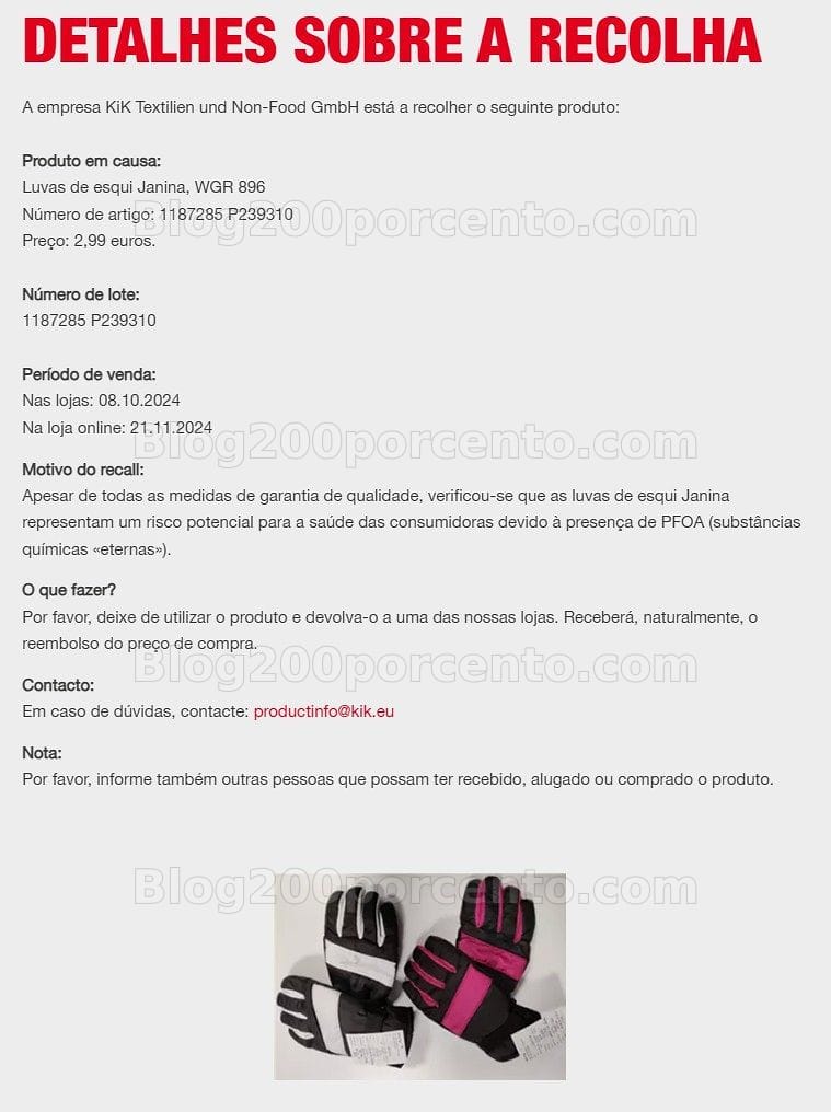 ALERTA - Recolhas em Curso KIK pare de usar e devolva estes artigos!